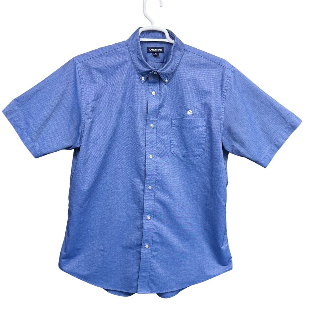 Lands End Short Sleeve Button-Down Shirt Mens XL Blue Cotton Blend